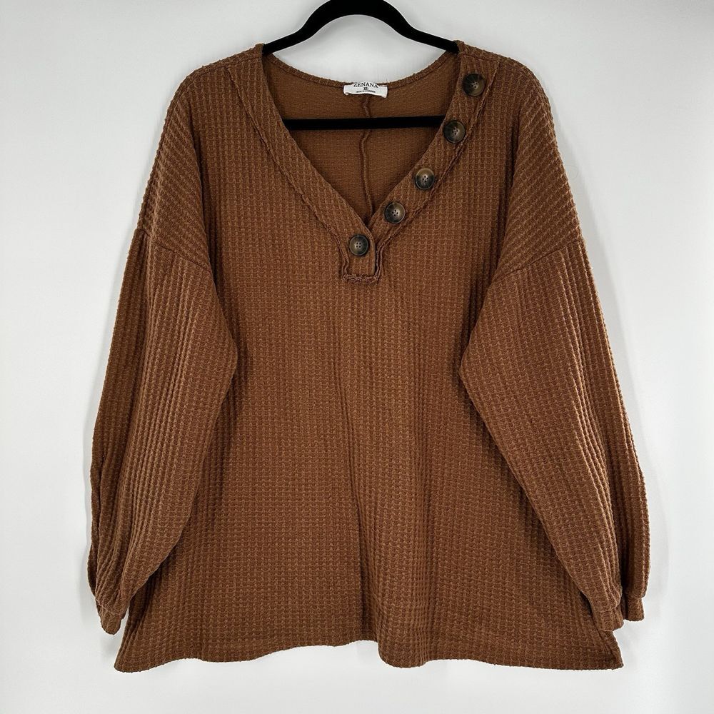 ZENANA Womens' V-Neck Brown Knit Sweater Brown 5-Button Design‎ Size XL
